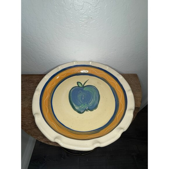 Hand-Painted Ceramic Pie Dish With Blue & Green Apple Design Orange & Blue - Picture 3 of 8